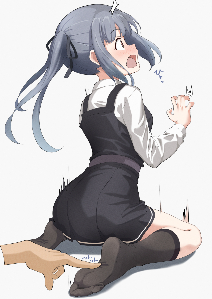 1boy 1girl black_dress black_ribbon black_socks blush breasts disembodied_hand dress feet from_behind full_body grey_background grey_hair hair_ribbon hands_up highres kantai_collection kasumi_(kancolle) long_hair long_sleeves nanowise no_shoes open_mouth poking ribbon shadow shirt short_dress sidelocks simple_background sitting small_breasts socks soles solo_focus sound_effects toes wariza white_shirt