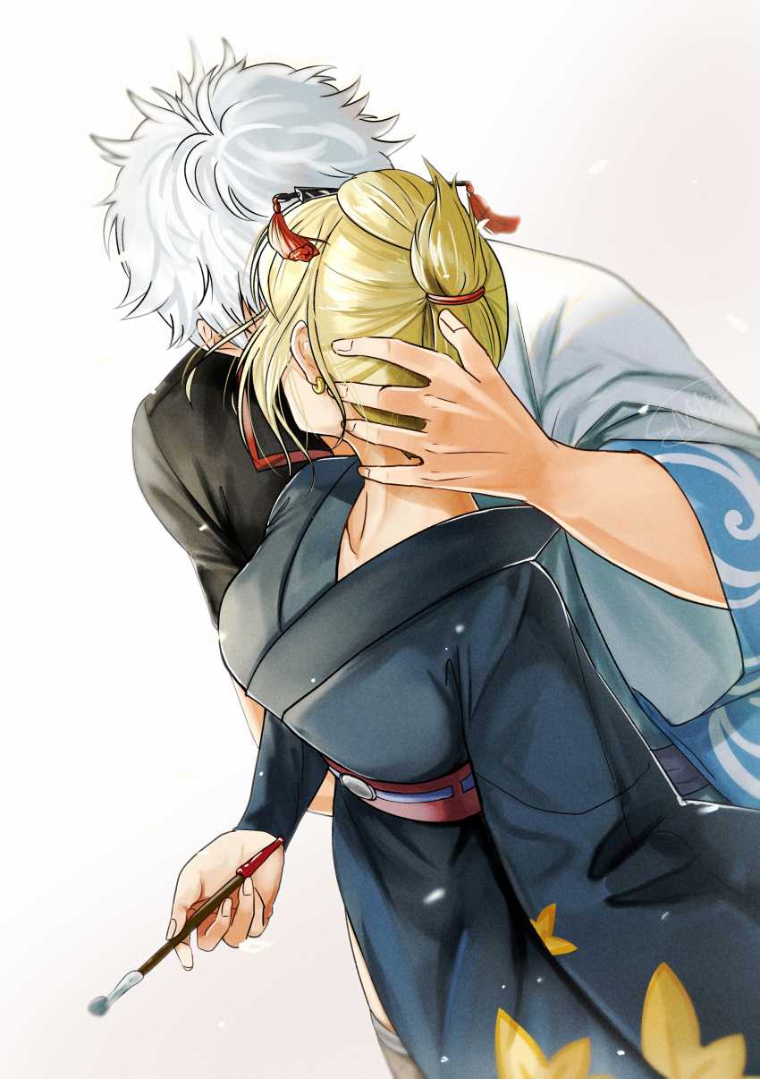 1boy 1girl absurdres black_kimono black_shirt blonde_hair couple gintama hair_ornament hairpin hetero highres holding japanese_clothes kimono kiss leaf_print long_sleeves print_kimono sakata_gintoki shinomy shirt short_hair silver_hair simple_background tsukuyo_(gintama) white_background yukata