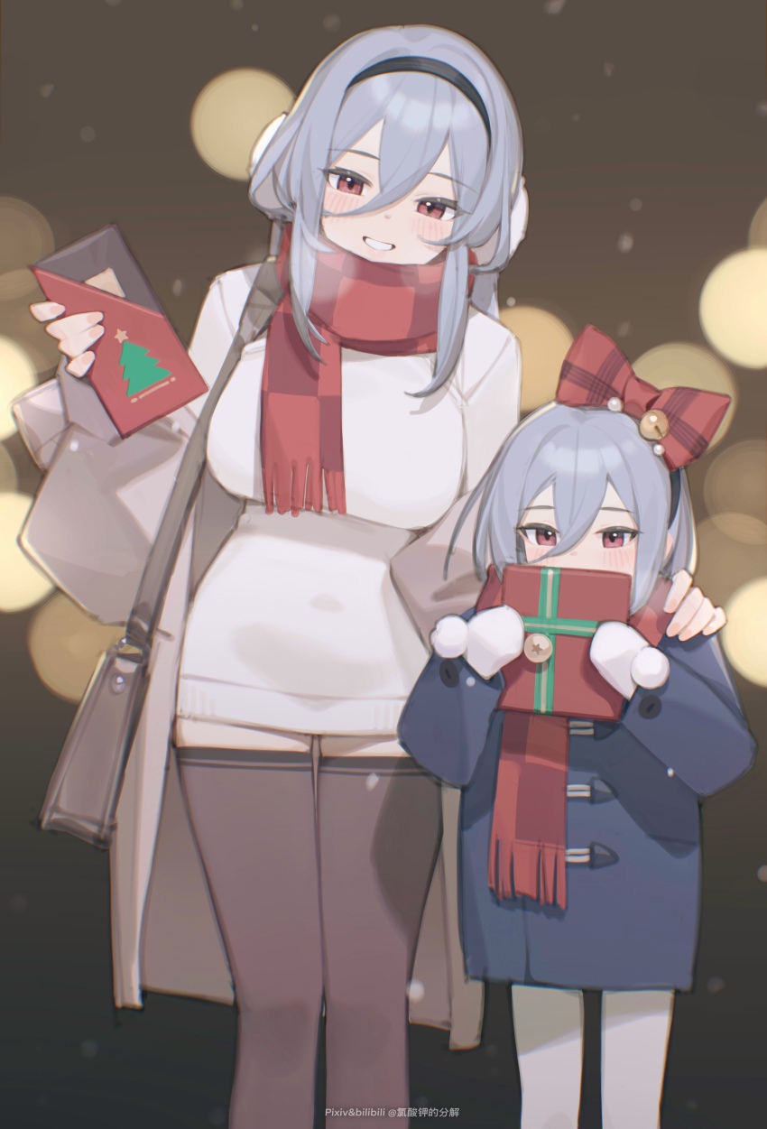 2girls absurdres bag bell bilibili_xiaolu blue_jacket blush bow breasts brown_thighhighs coat covering_own_mouth gift gloves grey_hair grin hair_bell hair_bow hair_ornament highres holding holding_gift jacket large_breasts long_sleeves multiple_girls open_clothes open_coat original puffy_long_sleeves puffy_sleeves red_eyes red_scarf scarf shoulder_bag smile thighhighs white_gloves