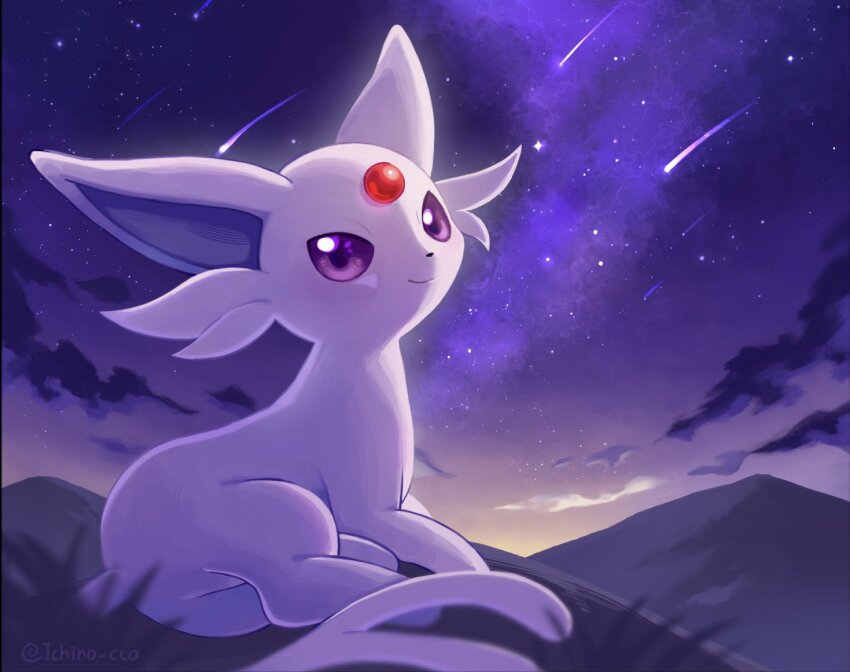 closed_mouth cloud commentary_request creatures_(company) espeon forehead_jewel game_freak gen_2_pokemon hill ichino_cco looking_at_viewer lying night nintendo no_humans outdoors pokemon pokemon_(creature) purple_eyes sky smile solo twitter_username watermark