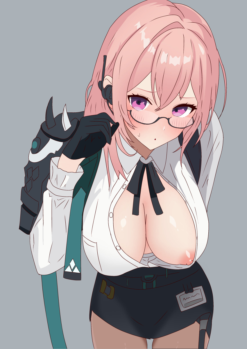 1girl absurdres armor black_gloves black_skirt blush dress_shirt glasses gloves grey_background hair_between_eyes high-waist_skirt highres looking_at_viewer mana_(uyvh7375) nipple_slip nipples pencil_skirt shirt shoulder_armor sidelocks simple_background skirt solo sweatdrop tsukishiro_yanagi white_shirt zenless_zone_zero