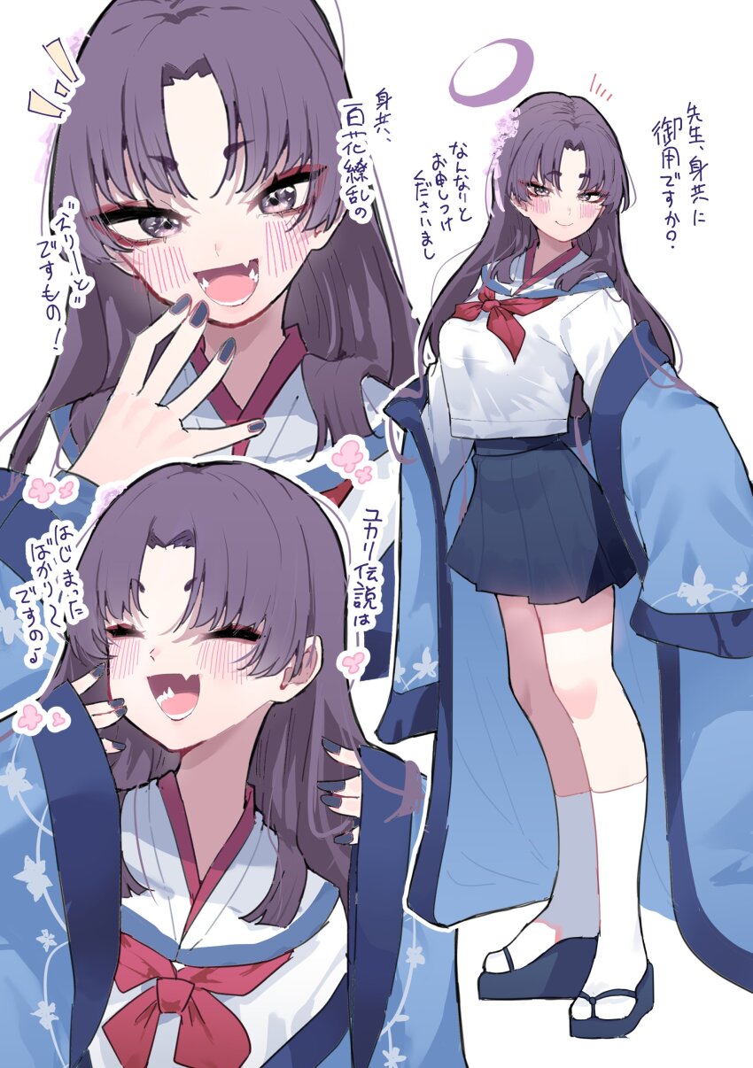 1girl absurdres blue_archive eyeliner eyeshadow fang flower hair_flower hair_ornament halo highres japanese_clothes makeup momico_co neckerchief pink_flower purple_hair purple_halo red_eyeliner red_eyeshadow sailor_collar skin_fang solo translation_request white_sailor_collar yukari_(blue_archive)