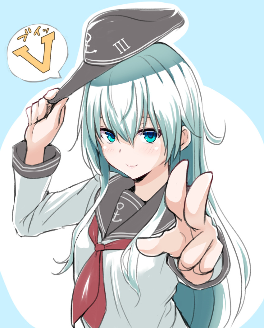 1girl anchor_symbol badge black_sailor_collar blue_background blue_eyes flat_cap foreshortening hat hat_tip hibiki_(kancolle) highres horosho kantai_collection long_hair looking_at_viewer myht neckerchief red_neckerchief sailor_collar school_uniform serafuku silver_hair smile solo two-tone_background upper_body v white_background