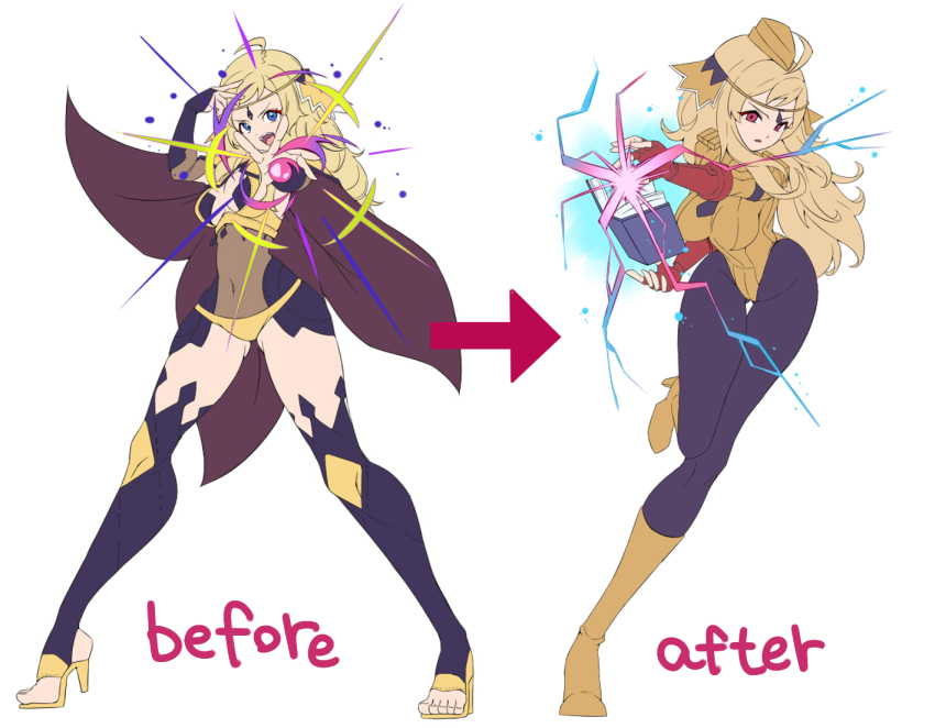 1girl before_and_after black_bridal_gauntlets bodystocking breasts bridal_gauntlets cammy_white cammy_white_(cosplay) circlet corruption cosplay dark_persona fingerless_gloves fire_emblem fire_emblem_fates fire_emblem_heroes gloves gold_cape grey_eyes highleg highleg_leotard hip_armor large_breasts leotard mimochiku nintendo ophelia_(fire_emblem) panties red_gloves shadaloo_dolls sleeved_leotard thong_leotard toeless_footwear underwear yellow_leotard yellow_panties