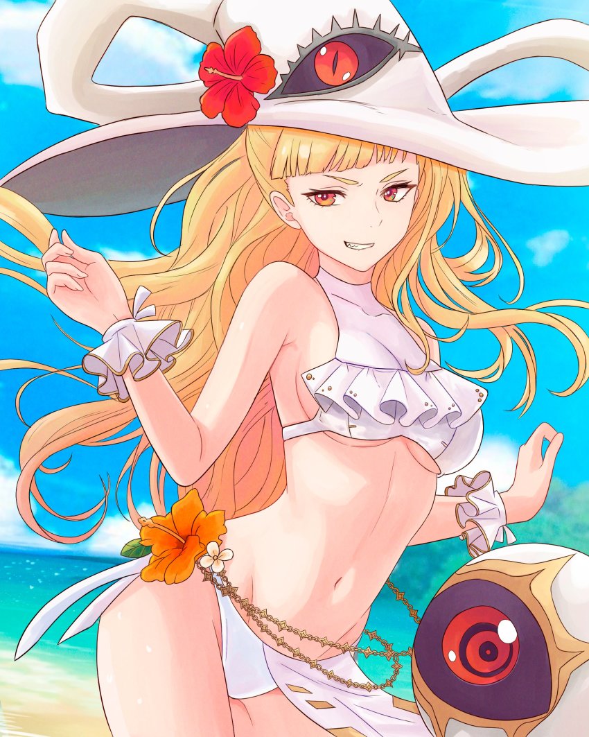 absurdres alternate_costume beach bikini blonde_hair breasts eitri_(fire_emblem) fire_emblem fire_emblem_heroes flower frilled_bikini frills grin hat highres long_hair navel nintendo ocean orange_eyes smile swimsuit truejekart underboob white_bikini