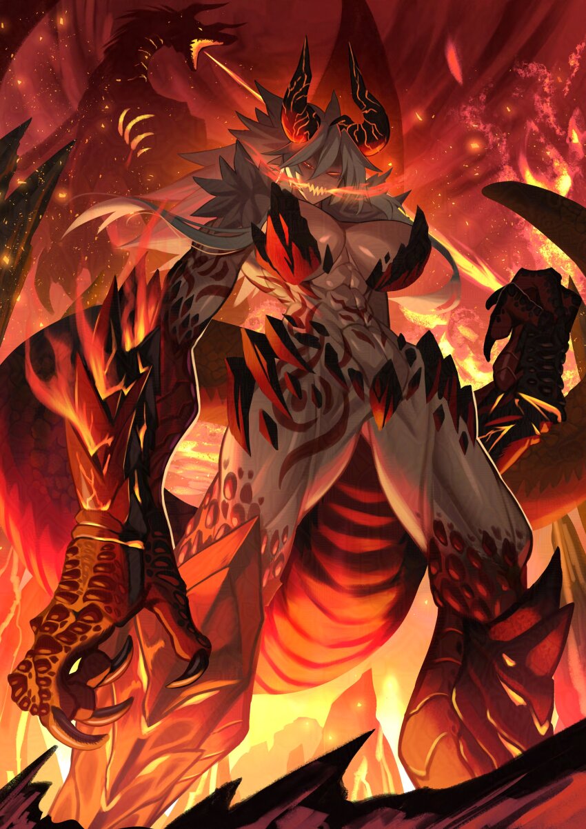 1girl abs absurdres big_hair body_markings breasts breath_weapon breathing_fire character_request claws cloud cloudy_sky commentary_request covering_privates dragon dragon_girl dragon_horns dragon_tail fangs fire from_below grey_hair hair_between_eyes half-closed_eyes highres horns huge_breasts large_hands long_hair looking_at_viewer muscular muscular_female nude_cover obliques original outdoors oversized_forearms oversized_limbs red_eyes red_theme revealing_clothes scales sideboob siorudo_origin skin_fangs sky solo tail