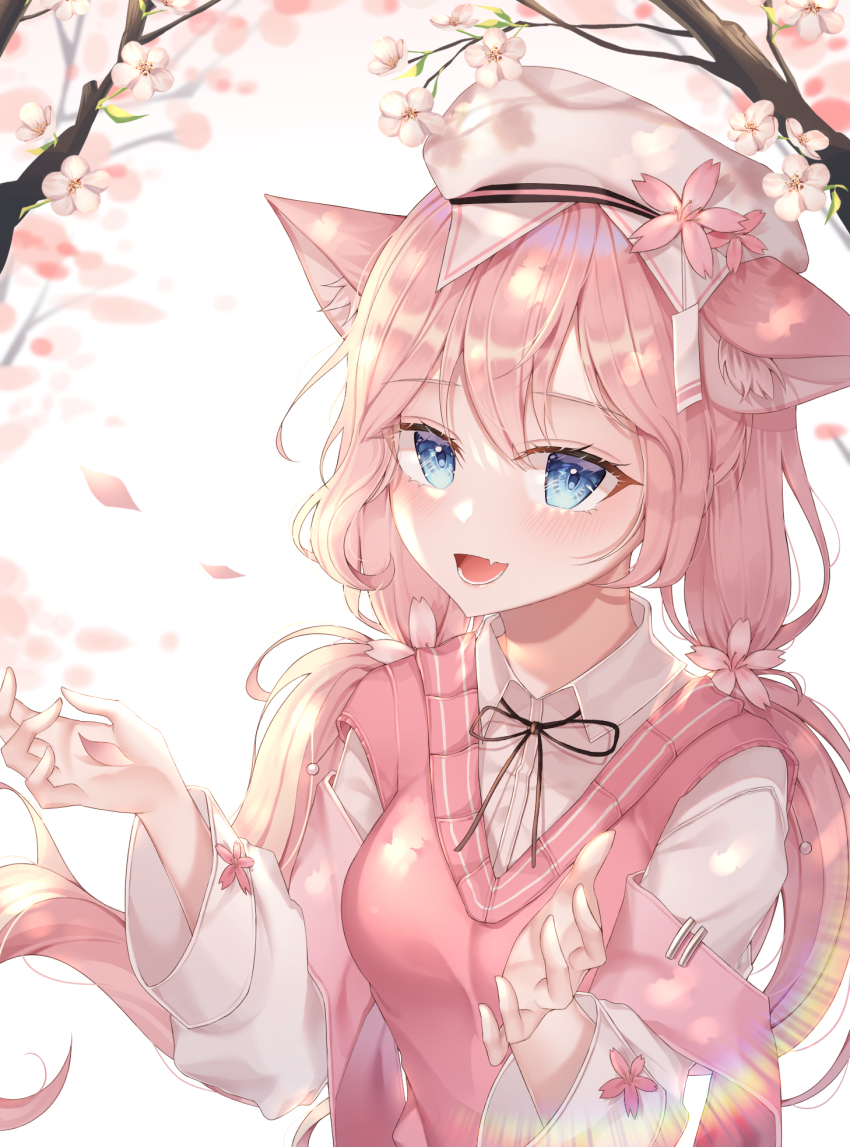 1girl :3 :d animal_ears bad_id bad_pixiv_id blue_eyes blurry bow bowtie cat_ears cherry_blossoms commentary_request depth_of_field hair_between_eyes hat highres lisa_78 long_hair long_sleeves looking_at_viewer low_twintails open_mouth origami_cyclone petals pink_hair school_hat shirt sidelocks simple_background smile solo tree twintails vest wide_sleeves