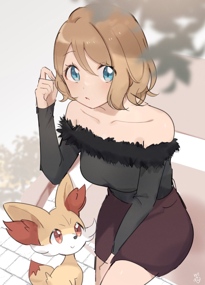 1girl alternate_costume aqua_eyes bare_shoulders blonde_hair brown_skirt collarbone commentary_request creatures_(company) day eyelashes fennekin fur-trimmed_shirt fur_trim game_freak gen_6_pokemon grey_shirt hand_up highres looking_at_viewer nintendo off-shoulder_shirt off_shoulder outdoors pokemon pokemon_(creature) pokemon_xy ririmon serena_(pokemon) shirt short_hair signature skirt sleeves_past_wrists