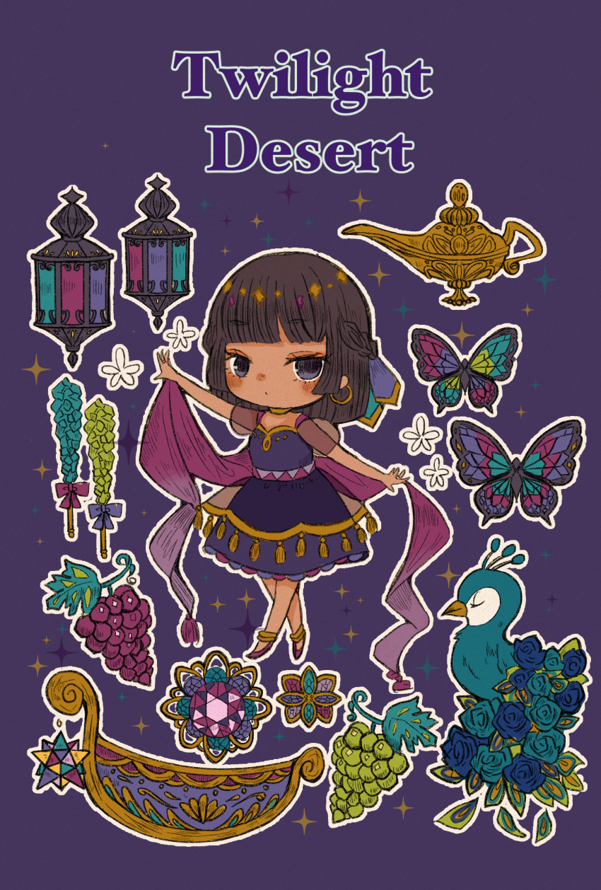 1girl anklet bird brown_hair bug butterfly cerika closed_mouth dot_mouth dress earrings english_text food fruit full_body gem grapes highres hoop_earrings insect jewelry oil_lamp original outline peacock purple_background purple_dress purple_eyes solo sparkle white_outline