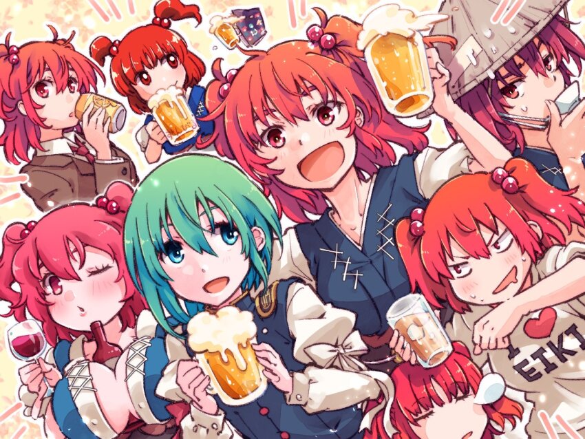 6+girls ajirogasa alternate_costume beer_mug bottle breasts cleavage closed_eyes commentary cup epaulettes green_eyes hair_between_eyes hair_bobbles hair_ornament hat holding holding_cup i_heart... juliet_sleeves kitsune_maru large_breasts long_sleeves looking_at_viewer mug multiple_girls necktie one_eye_closed onozuka_komachi puffy_sleeves red_eyes red_hair red_necktie shiki_eiki shirt short_hair short_sleeves squeans sleeping touhou two_side_up white_shirt wine_bottle