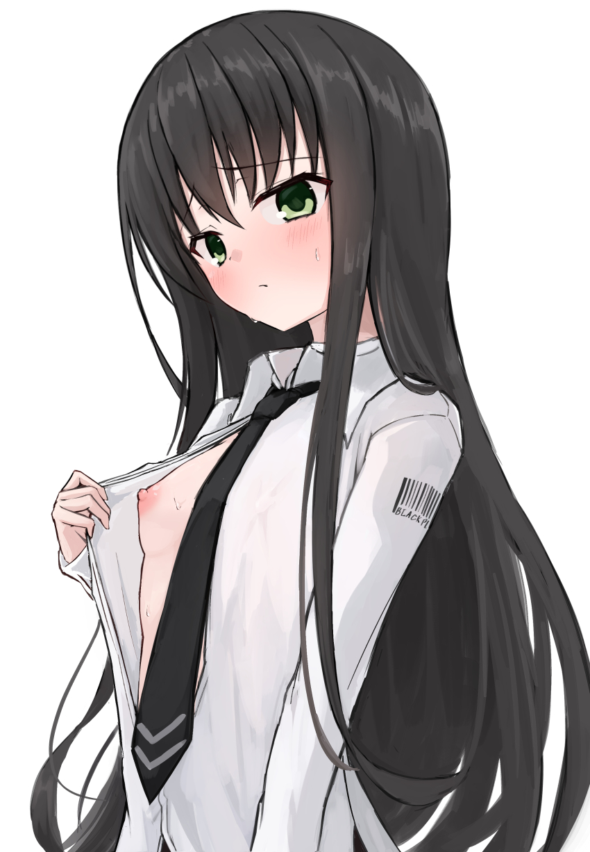 1girl absurdres black_hair black_necktie blush breasts closed_mouth collared_shirt dot_nose embarrassed green_eyes hair_between_eyes highres long_hair long_sleeves looking_at_viewer natsume_ai necktie nipples open_clothes open_shirt pulling_own_clothes sakura_no_uta shirt simple_background small_breasts solo straight_hair sweatdrop takoyaki032002 upper_body white_background white_shirt