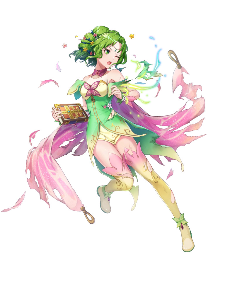 1girl alternate_costume artist_request bare_shoulders book boots breasts cape dress female_focus fire_emblem fire_emblem:_the_sacred_stones fire_emblem_heroes flower full_body gradient_clothes green_eyes green_hair hair_ornament highres holding holding_book jewelry l&#039;arachel_(fire_emblem) leg_up long_hair looking_away matching_hair/eyes medium_breasts nintendo non-web_source official_art one_eye_closed open_mouth petals short_dress sleeveless solo thigh_boots thighhighs thighs torn_cape torn_clothes transparent_background turtleneck wince wrist_cuffs zettai_ryouiki