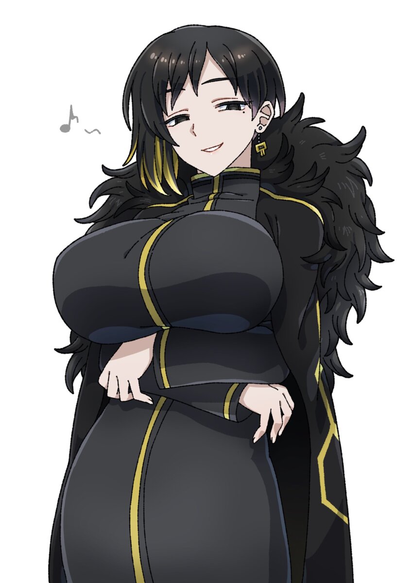 1girl binah_(project_moon) black_cape black_dress black_eyes black_hair breasts cape cowboy_shot crossed_arms dress earrings fur_cape highres huge_breasts jewelry large_breasts lobotomy_corporation looking_at_viewer mole mole_under_eye parted_lips project_moon short_hair single_earring smile solo yagidon