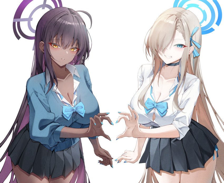 2girls ahoge aqua_bow aqua_bowtie aqua_halo aqua_nails aqua_ribbon asuna_(blue_archive) asymmetrical_bangs black_choker black_skirt blonde_hair blue_archive blue_cardigan blue_eyes bow bowtie breasts cardigan choker choppy_bangs cleavage collarbone collared_shirt colored_inner_hair commentary dark-skinned_female dark_skin dress_shirt grin hair_over_one_eye hair_ribbon halo heart heart_hands heart_hands_duo high-waist_skirt highres karin_(blue_archive) large_breasts light_blush long_hair long_sleeves looking_at_viewer loose_bowtie multicolored_hair multiple_girls noa_(noa01010) parted_lips partially_unbuttoned pleated_skirt puffy_long_sleeves puffy_sleeves purple_hair purple_halo ribbon school_uniform shirt shirt_tucked_in sidelocks simple_background skirt smile teeth tsurime two-tone_hair very_long_hair white_background white_shirt yellow_eyes