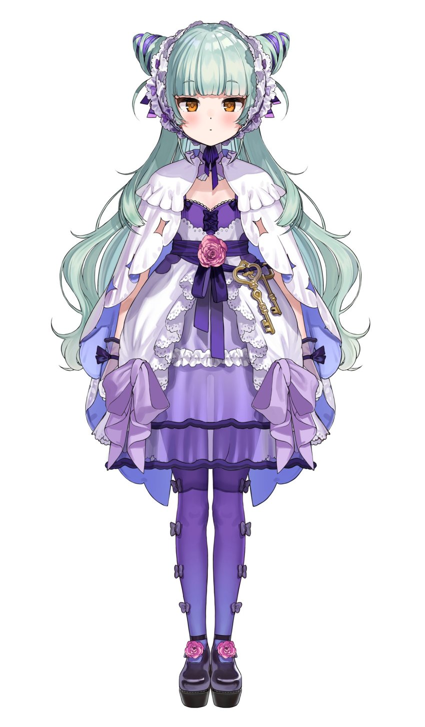 1girl arms_at_sides blush closed_mouth cone_hair_bun dress female_focus flat_chest frills full_body green_hair hair_bun highres kanzarin key long_hair looking_at_viewer mahoroba nemori_petty second-party_source see-through_clothes see-through_silhouette shoes simple_background solo standing virtual_youtuber white_background yellow_eyes