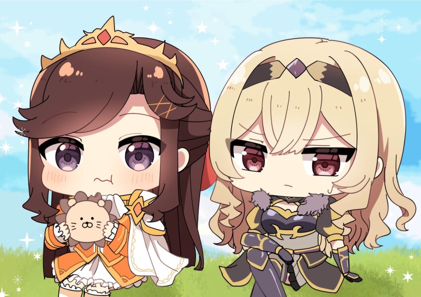 2girls :t arm_at_side arm_on_knee armor armored_boots ascot black_dress black_gloves black_hairband blonde_hair blue_sky blush boots breastplate brown_hair cape chibi closed_mouth commentary_request cookie crossed_legs day dress eating feet_out_of_frame food frilled_skirt frilled_sleeves frilled_thighhighs frills fur-trimmed_dress fur_trim gloves grass hair_ribbon hairband half_updo hands_up highres holding holding_food jacket layered_dress layered_skirt long_hair long_sleeves looking_ahead miniskirt multiple_girls official_alternate_costume on_grass on_ground orange_jacket orange_skirt orange_theme outdoors puffy_short_sleeves puffy_sleeves purple_eyes red_eyes red_ribbon ribbon ringopai315 saijou_claudine short_sleeves shoujo_kageki_revue_starlight shoujo_kageki_revue_starlight_-re_live- side_cape sitting skirt sky sleeves_past_wrists sparkle sweatdrop tendou_maya thigh_boots thighhighs tiara v-shaped_eyebrows vambraces very_long_hair wavy_mouth white_ascot white_cape white_skirt