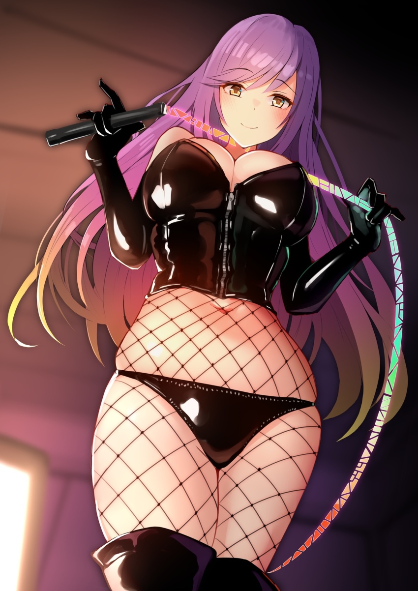 1girl bondage_outfit breasts dominatrix elbow_gloves gloves gradient_hair highres hijiri_byakuren holding holding_whip katsuten large_breasts long_hair looking_at_viewer multicolored_hair navel purple_hair shiny_clothes smile thighhighs touhou two-tone_hair yellow_eyes