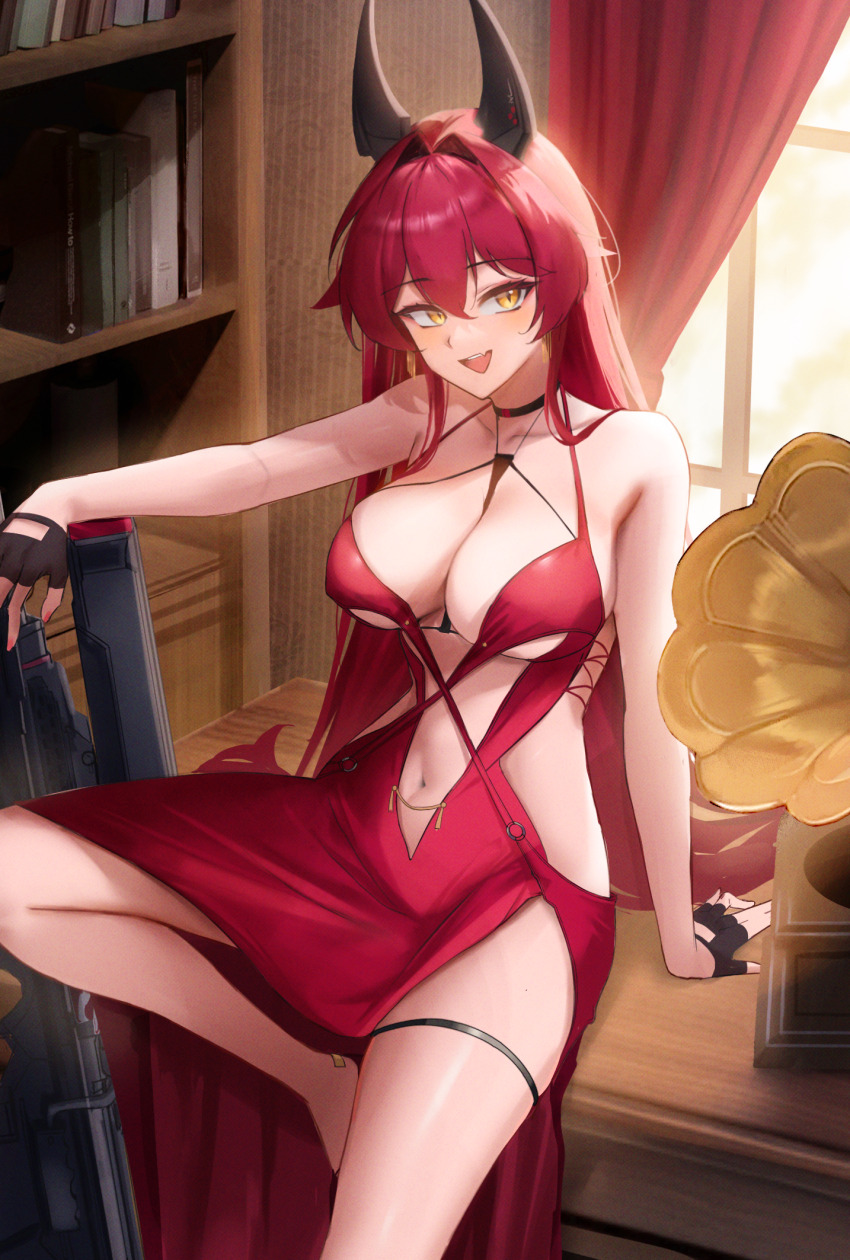 1girl :d bare_shoulders black_gloves blush breasts cleavage dress fingerless_gloves gloves goddess_of_victory:_nikke highres horns large_breasts long_hair maviss_03 navel open_mouth phonograph red_dress red_eyes red_hood_(nikke) red_hood_(nonsense_red)_(nikke) shelf sitting sleeveless sleeveless_dress smile solo teeth yellow_eyes