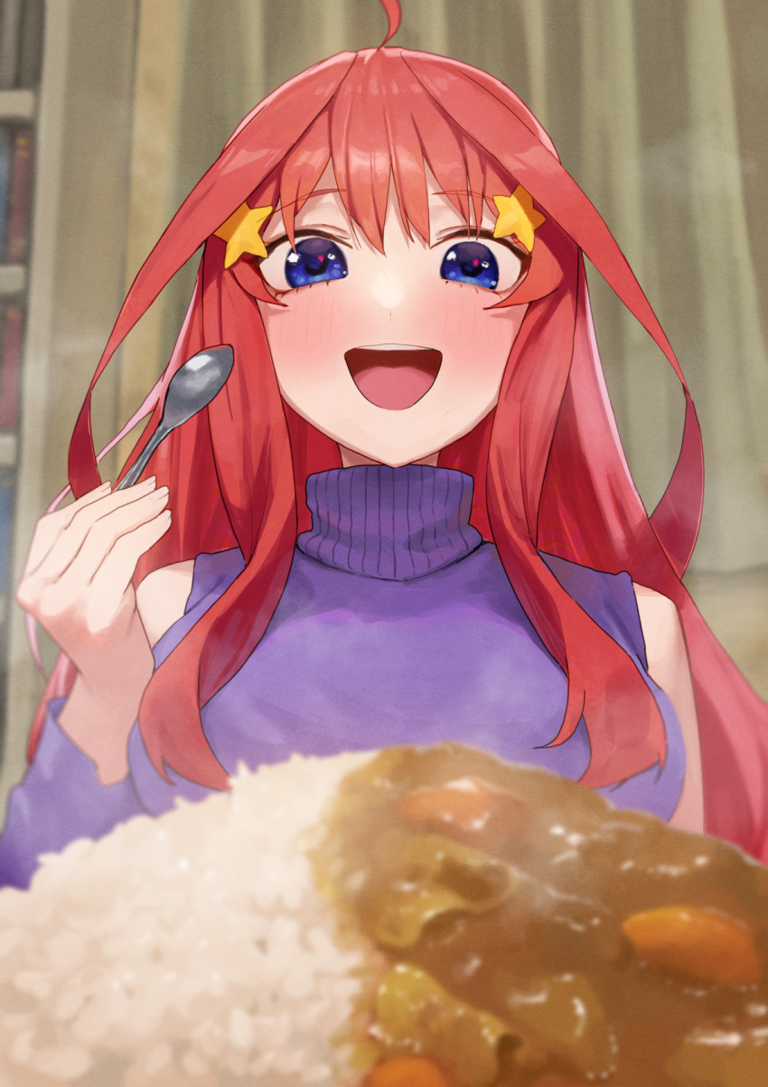 1girl ahoge blue_eyes blush commentary curry eyelashes food food_focus go-toubun_no_hanayome gomashiwo_o hair_between_eyes hair_ornament highres holding holding_spoon indoors long_hair looking_at_food looking_down nakano_itsuki purple_sweater red_hair round_teeth sidelocks solo spoon star_(symbol) star_hair_ornament steam sweater teeth upper_teeth_only very_long_hair