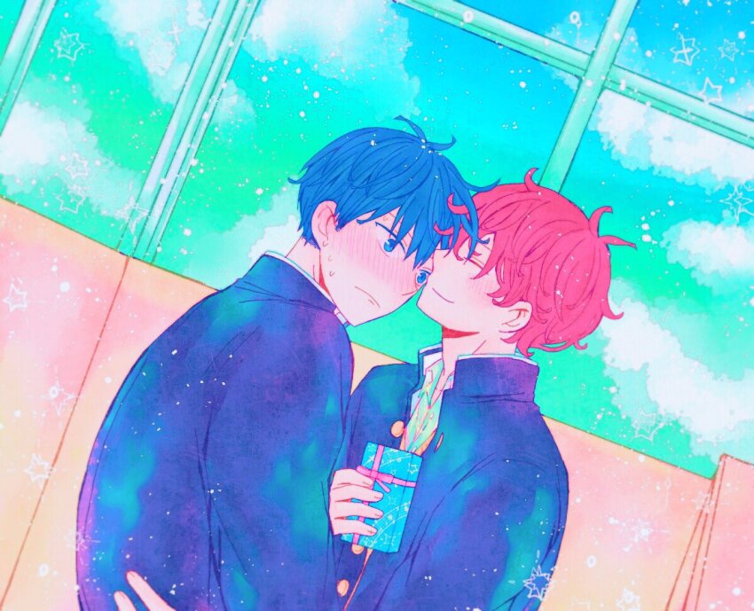 2boys bibibimix39 black_hair black_jacket blush box closed_eyes closed_mouth cloud gift gift_box given holding holding_gift indoors jacket male_focus multiple_boys red_hair satou_mafuyu school_uniform sky smile star_(symbol) star_print uenoyama_ritsuka window yaoi