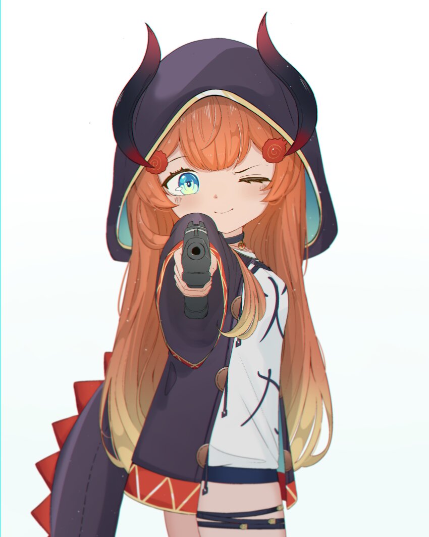 1girl aiming aiming_at_viewer blonde_hair blue_eyes commission gun hair_ornament handgun highres hood hoodie japanese_text long_hair looking_at_viewer miki_hitsugi nose one_eye_closed orange_hair pants pistol shorts simple_background smile specialite_(company) specialite_en tail virtual_youtuber weapon white_background