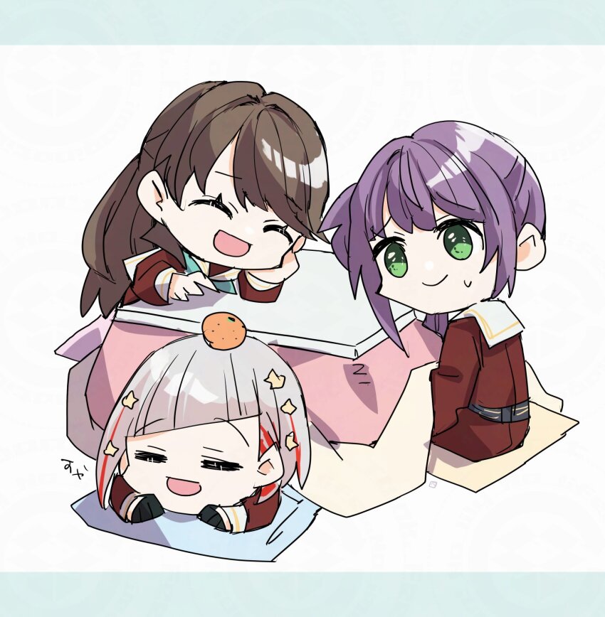 3girls :d =_= ^_^ aqua_neckerchief black_gloves bob_cut brown_dress brown_hair closed_eyes closed_mouth colored_inner_hair commentary deformed diagonal_bangs dress food food_on_head fruit fruit_on_head fujishima_megumi full_body gloves green_eyes grey_hair hair_ornament hasu_no_sora_school_uniform highres inverted_bob kanduki_kamibukuro kotatsu link!_like!_love_live! long_hair long_sleeves looking_at_another love_live! mandarin_orange multicolored_hair multiple_girls neckerchief object_on_head open_mouth otomune_kozue pleated_dress purple_hair red_hair sailor_collar sailor_dress school_uniform short_hair side_ponytail sidelocks sitting smile star_(symbol) star_hair_ornament streaked_hair sweatdrop table two_side_up under_kotatsu under_table virtual_youtuber white_sailor_collar winter_uniform yugiri_tsuzuri