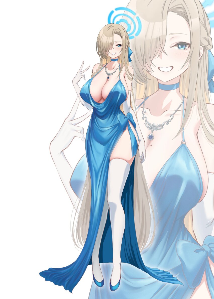 1girl alternate_costume alternate_hairstyle asuna_(blue_archive) bare_shoulders blonde_hair blue_archive blue_bow blue_choker blue_dress blue_eyes blue_footwear blue_gemstone blue_halo blue_ribbon blush bow breasts choker cleavage collarbone commentary dress dress_bow elbow_gloves evening_gown full_body gem gloves grin hair_over_one_eye hair_ribbon half_up_braid halo highres jewelry large_breasts long_bangs long_dress long_hair looking_at_viewer low_neckline mole mole_on_breast necklace o-ring one_eye_covered outline ribbon side_slit silver_necklace simple_background skindentation sleeveless sleeveless_dress smile solo spaghetti_strap split_mouth standing suigetu26 thick_thighs thighhighs thighs v very_long_hair white_background white_gloves white_outline white_thighhighs wide_hips zoom_layer