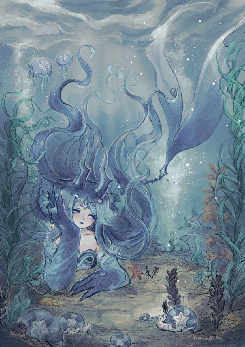 1girl animal blue_eyes blue_hair blue_lips character_request colored_eyelashes commentary copyright_request creature_request english_commentary floating_hair highres horns jellyfish long_hair monster_girl naiadite plant_request seafloor seaweed snail tagme underwater wavy_hair