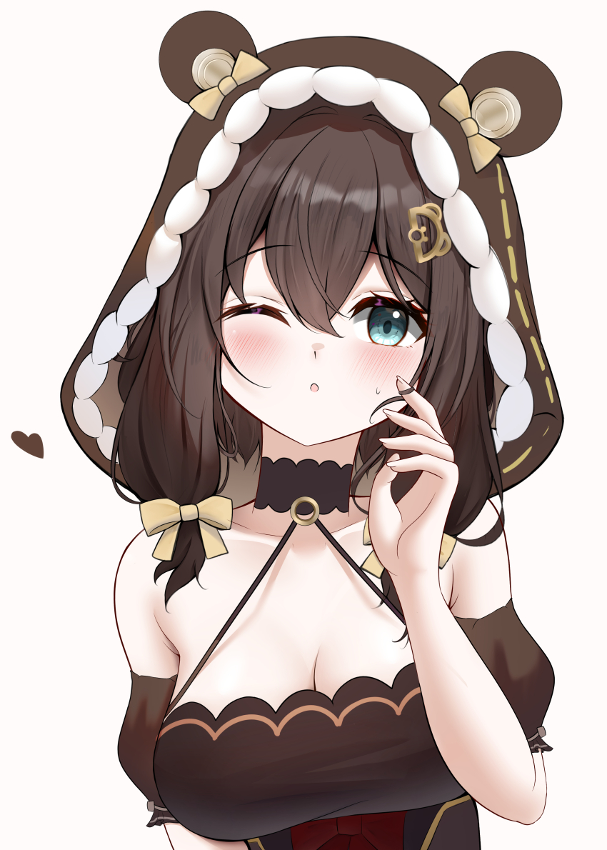 1girl ;o absurdres animal_ears bare_shoulders bear_ears bear_girl blue_eyes blush brown_hair brown_hood dot_nose hair_ornament hair_tie heart highres hood knosdeba large_variant_set one_eye_closed strinova variant_set yvette_(strinova)