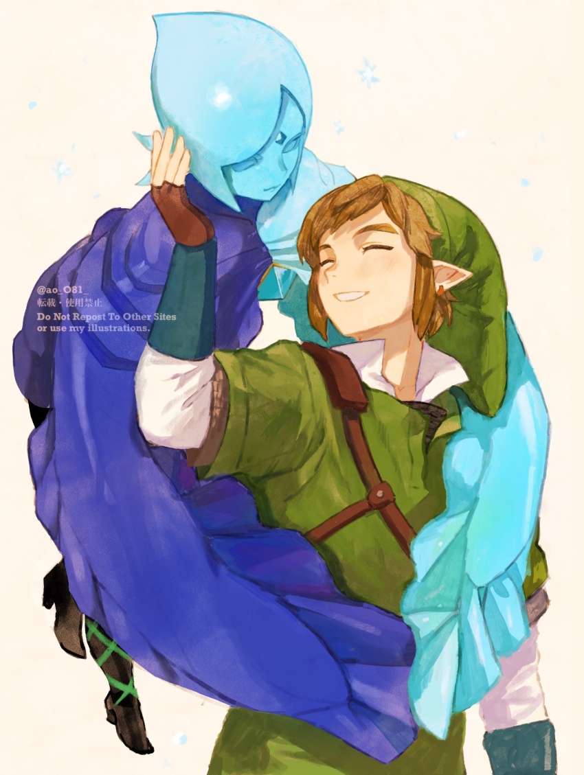 1boy 1girl ^_^ ao_o81 blue_eyes blue_hair blue_skin brown_hair closed_eyes closed_mouth colored_skin fi_(zelda) floating green_hat green_tunic hat high_heels highres link nintendo short_hair smile the_legend_of_zelda the_legend_of_zelda:_skyward_sword tunic white_background