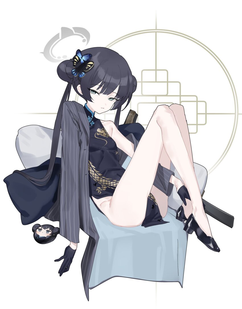 1girl absurdres bare_legs black_dress black_gloves black_hair blue_archive breasts doll dress gloves high_heels highres kameria526 kisaki_(blue_archive) looking_at_viewer simple_background sitting sleeveless sleeveless_dress small_breasts solo twitter white_background