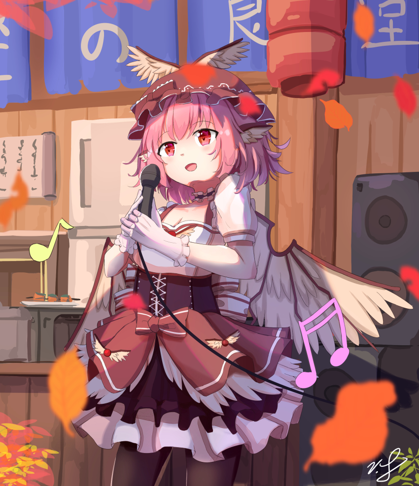 1girl absurdres adapted_costume animal_ears bird_ears bird_wings bow breasts brown_dress cleavage corset dress dress_bow dress_shirt feathered_wings frilled_dress frilled_sleeves frills gloves highres idol music mystia_lorelei pantyhose pink_eyes pink_hair shirt short_hair singing small_breasts smile solo touhou touhou_mystia&#039;s_izakaya vanilla_flan white_shirt white_wings winged_hat wings