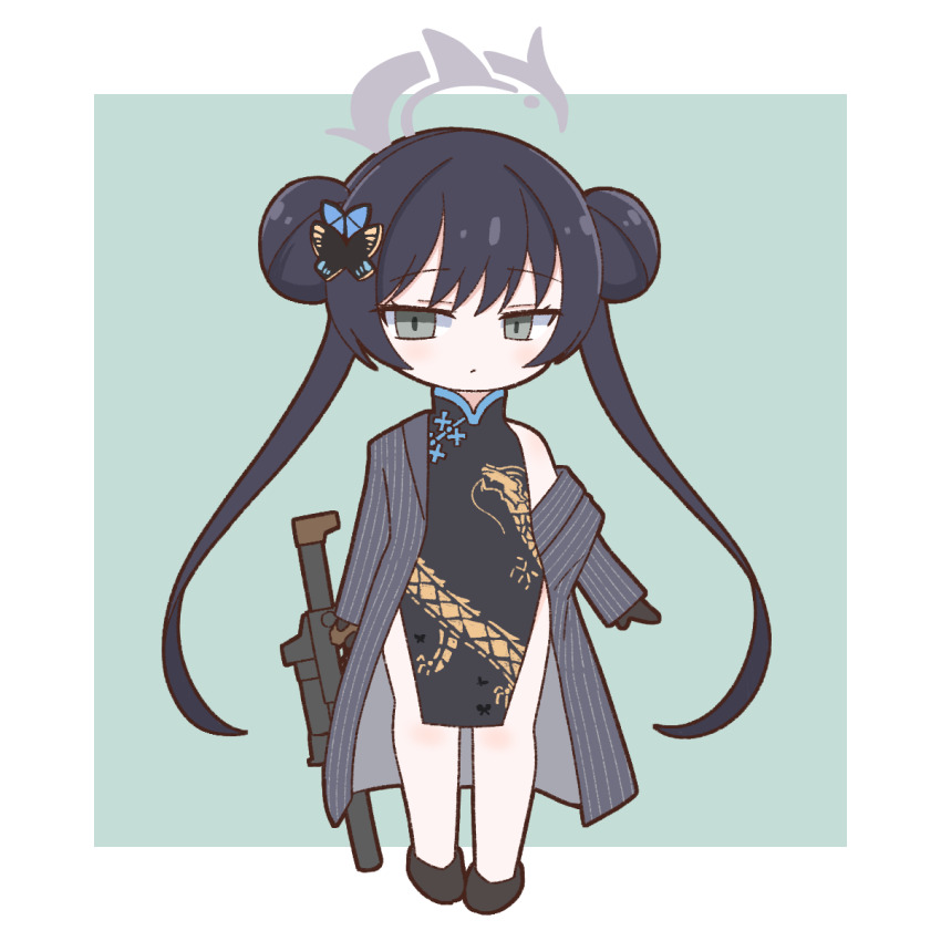 1girl achilles_(yosshyachillesd) black_coat black_dress black_hair blue_archive butterfly_hair_ornament chibi china_dress chinese_clothes coat commentary_request cs/ls06 double_bun dress full_body grey_eyes gun hair_between_eyes hair_bun hair_ornament halo highres holding holding_gun holding_weapon kisaki_(blue_archive) long_hair looking_at_viewer open_clothes open_coat pelvic_curtain side_slit sidelocks simple_background sleeveless sleeveless_turtleneck solo standing turtleneck twintails two-tone_background very_long_hair weapon