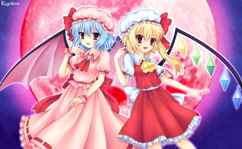 2girls absurdres artist_name ascot bat_wings blonde_hair blue_hair brooch cowboy_shot crystal_wings dress flandre_scarlet frilled_dress frilled_skirt frills full_moon hand_up hat highres jewelry kigidere long_hair looking_at_viewer medium_hair mob_cap moon multiple_girls one_side_up open_mouth pink_dress pink_hat puffy_short_sleeves puffy_sleeves red_ascot red_eyes red_moon red_ribbon red_skirt red_vest remilia_scarlet ribbon ribbon-trimmed_dress short_sleeves siblings signature sisters skirt skirt_set smile standing touhou vest white_hat wings wrist_cuffs yellow_ascot