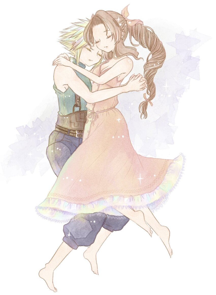 1boy 1girl aerith_gainsborough baggy_pants bare_shoulders barefoot belt blonde_hair blue_pants blue_shirt bluelimbo8888 braid braided_ponytail breasts brown_belt brown_hair cleavage closed_eyes cloud_strife dress final_fantasy final_fantasy_vii final_fantasy_vii_rebirth final_fantasy_vii_remake full_body hair_ribbon hetero highres hug long_dress medium_breasts multiple_belts own_hands_clasped own_hands_together pants parted_bangs pink_dress pink_ribbon ribbon shirt sidelocks single_braid sleeveless sleeveless_dress sleeveless_turtleneck sparkle spiked_hair suspenders turtleneck