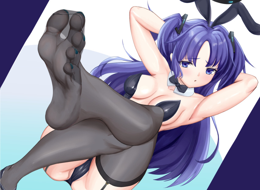 1girl animal_ears arms_behind_head blue_archive blue_eyes blue_hair crossed_legs dark_blue_hair fake_animal_ears feet garter_straps highres kagura0 leotard long_hair looking_at_viewer parted_lips playboy_bunny rabbit_ears see-through_clothes see-through_legwear soles thighhighs toes twintails yuuka_(blue_archive)