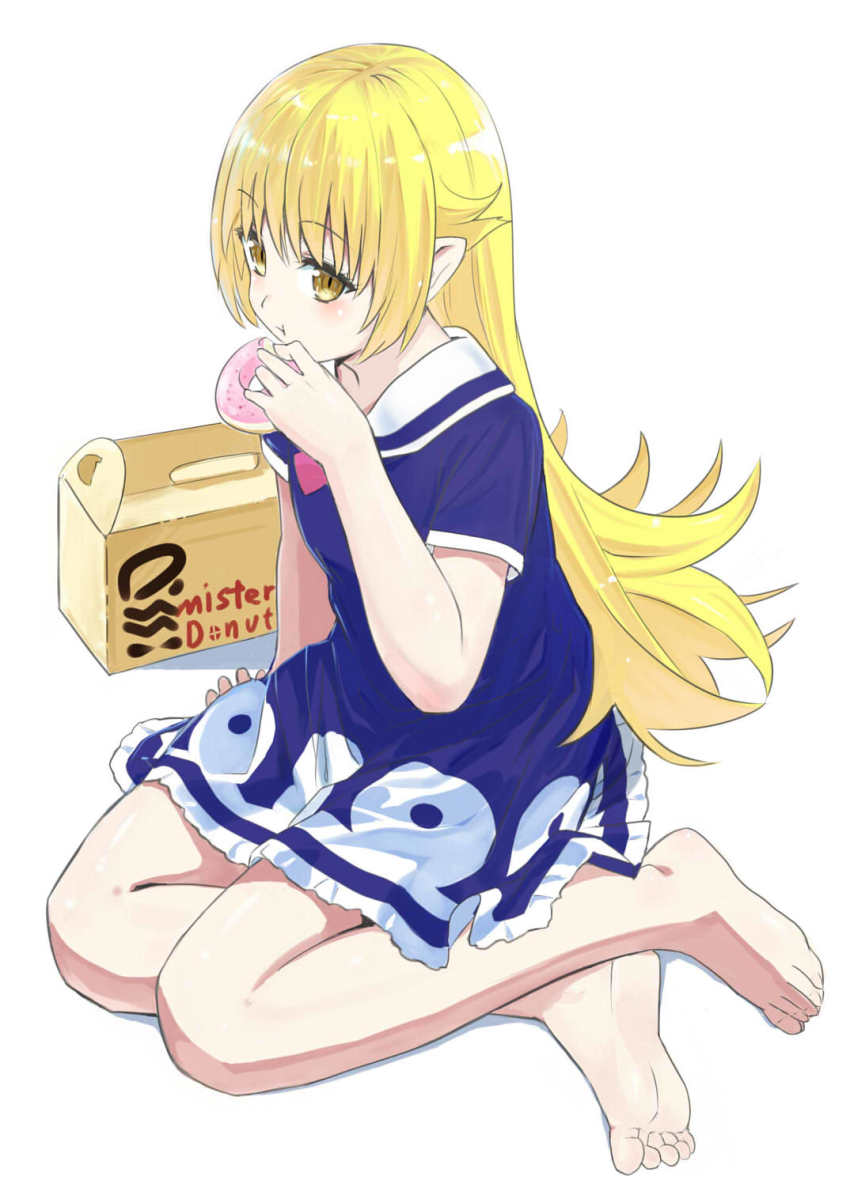 1girl arm_at_side bad_id bad_pixiv_id bakemonogatari bare_legs barefoot blonde_hair blue_dress blush box donut donut_print dress eating feet female_focus food food_print frilled_dress frills full_body highres holding holding_food long_hair momosuke_(ishakry) monogatari_(series) oshino_shinobu pointy_ears short_sleeves sitting soles solo sweets toes tsurime very_long_hair yellow_eyes yokozuwari