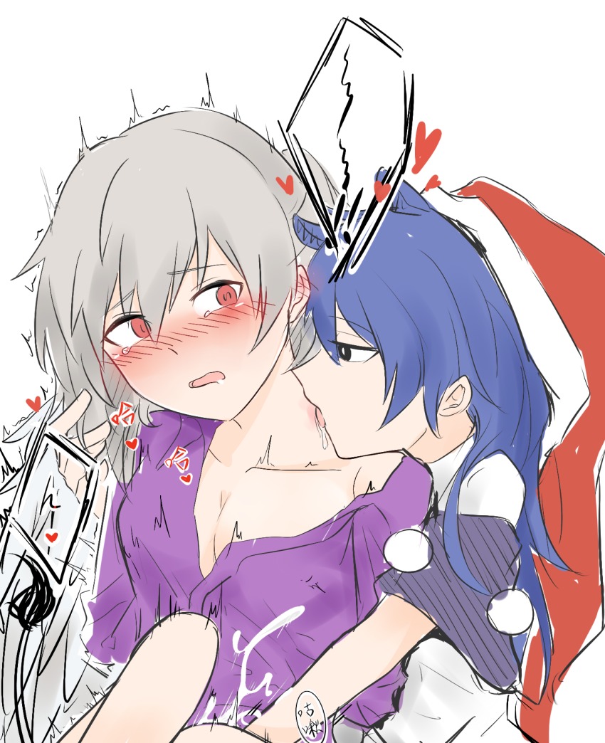 2girls black_eyes blue_hair blush breasts cleavage collarbone doremy_sweet feathered_wings fingering grey_hair grey_wings hat heart highres idaku kishin_sagume licking licking_another&#039;s_neck long_hair looking_at_another multiple_girls nightcap off_shoulder pom_pom_(cheerleading) red_eyes red_hat saliva single_wing tearing_up tongue tongue_out touhou white_background wings yuri