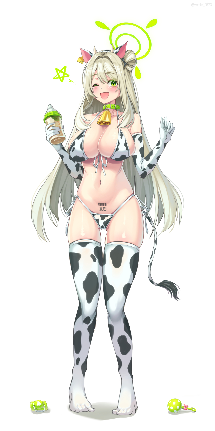 1girl absurdres animal_ears animal_print bell bikini blue_archive blush breasts cow_ears cow_horns cow_print cow_print_bikini cow_print_gloves cow_print_thighhighs cow_tail elbow_gloves fake_animal_ears fake_horns fake_tail full_body gloves green_eyes green_halo hair_between_eyes halo highres horns large_breasts light_brown_hair long_hair looking_at_viewer neck_bell nonomi_(blue_archive) one_eye_closed open_mouth pacifier painter_j print_bikini print_gloves print_thighhighs rattle smile solo star_(symbol) swimsuit tail thighhighs white_bikini white_gloves white_thighhighs