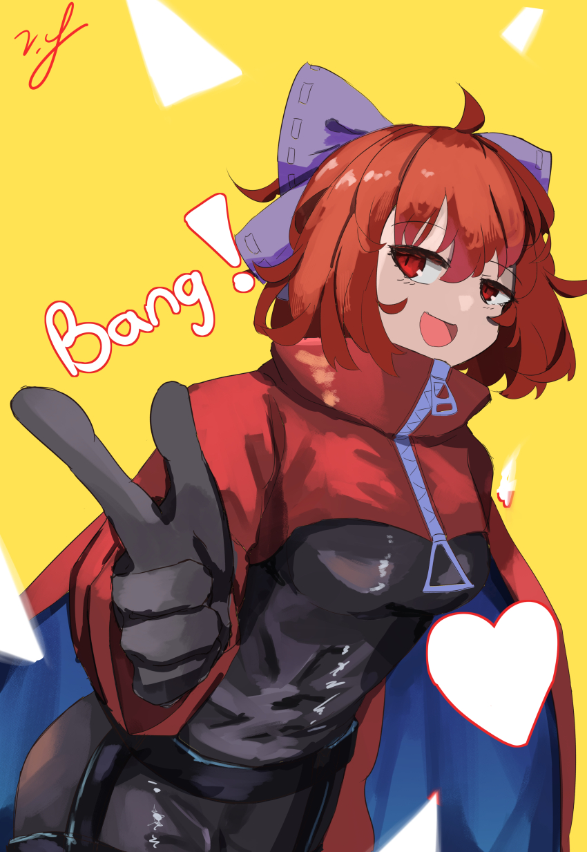 1girl absurdres black_bodysuit bodysuit bow cape cloak commentary english_text finger_gun hair_bow heart highres open_mouth red_cape red_cloak red_eyes red_hair ribbon-trimmed_bow rock_&#039;n&#039;_rock_&#039;n&#039;_beat sekibanki touhou two-sided_cape two-sided_fabric two-tone_cape vanilla_flan zipper