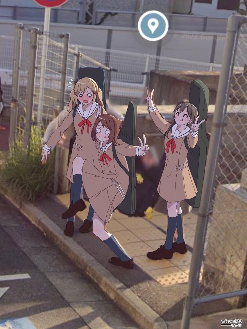 3girls ^_^ bang_dream! black_hair blonde_hair brown_dress brown_footwear closed_eyes closed_mouth cone_hair_bun double_v dress grey_socks hair_bun hair_ornament hanasakigawa_school_uniform hanazono_tae high_school_girls_posing_for_google_street_view_(meme) highres ichigaya_arisa izami_md kneehighs loafers long_hair meme multiple_girls neck_ribbon open_mouth pleated_dress red_ribbon ribbon sailor_dress school_uniform shirt shoes short_hair sidelocks socks star_(symbol) star_hair_ornament toyama_kasumi twintails v white_shirt x_hair_ornament