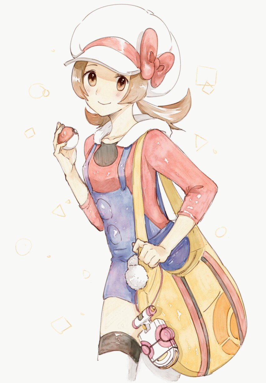 1girl absurdres asuka_rkgk blush bow brown_eyes brown_hair closed_mouth creatures_(company) game_freak hand_up hat hat_bow highres holding holding_poke_ball long_hair lyra_(pokemon) nintendo overalls poke_ball poke_ball_(basic) pokemon pokemon_hgss red_bow shirt smile solo thighhighs twintails white_background white_hat yellow_bag zipper