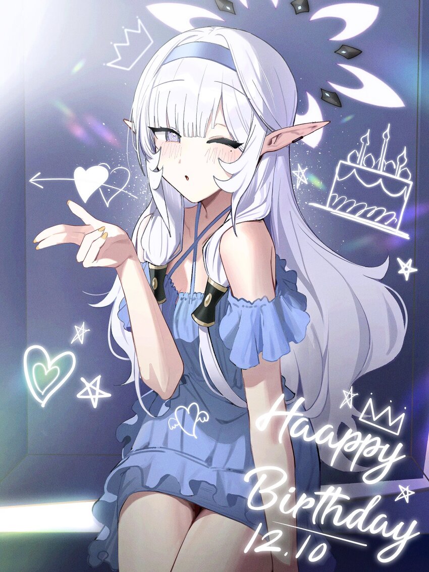 1girl alternate_costume blowing_kiss blue_archive blue_dress casual dated dress earclip elf grey_halo hair_tubes hairband halo happy_birthday heart highres himari_(blue_archive) long_hair looking_at_viewer mole mole_under_eye one_eye_closed pointy_ears sitting smile solo star_(symbol) white_halo zanya_000