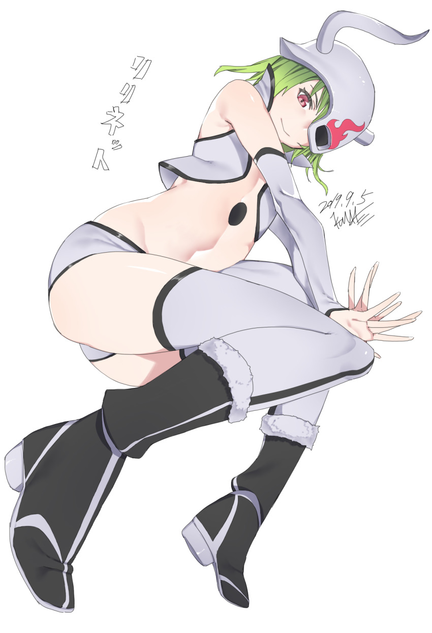 1girl ass bare_shoulders bleach breasts closed_mouth fake_horns green_hair helmet highres horned_helmet horns kuma_(jk0073) lilynette_gingerbuck panties red_eyes shiny_skin short_hair simple_background small_breasts solo thighhighs underwear white_background white_panties white_thighhighs