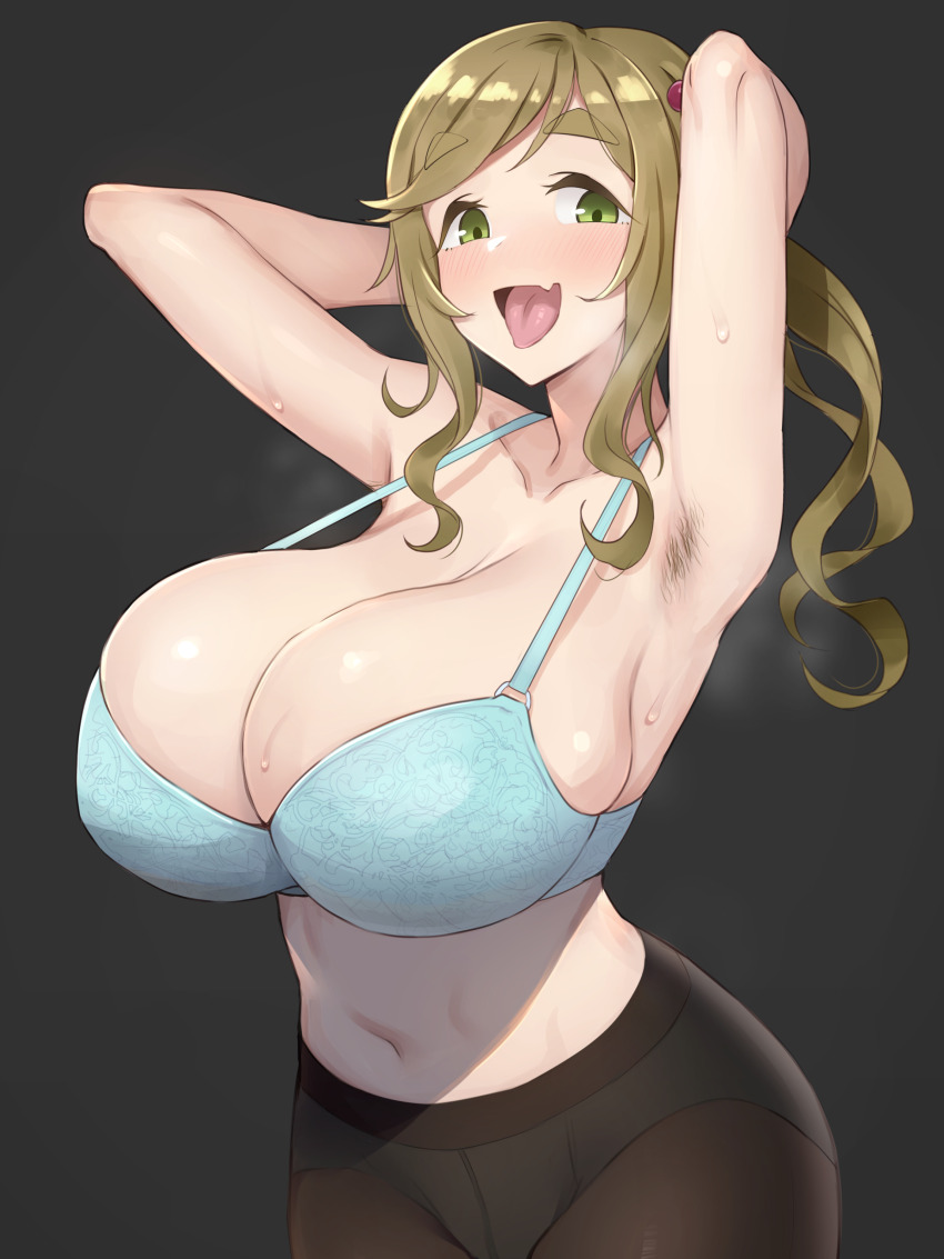 1girl absurdres armpit_hair armpits arms_behind_head arms_up bad_link blonde_hair blue_bra blush bra breasts brown_pantyhose bursting_breasts cleavage curvy fang green_eyes grey_background highres huge_breasts inuyama_aoi lingerie long_hair looking_at_viewer midriff navel open_mouth panties panties_under_pantyhose pantyhose ponytail presenting_armpit sideboob sidelocks simple_background skin_fang smile solo steaming_body strap_gap sweat swept_bangs tedain thick_eyebrows tongue underwear upper_body wavy_hair yurucamp