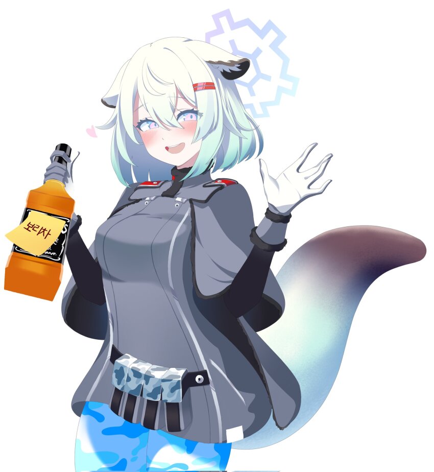 1girl :d \||/ alcohol animal_ear_fluff animal_ears blue_archive blue_halo blush bottle capelet commentary_request cowboy_shot eyelashes floppy_ears gloves green_hair grey_capelet grey_jacket hair_between_eyes hair_ornament hairclip halo hands_up happy heart highres holding holding_bottle ihatebeansalad jacket korean_commentary korean_text long_sleeves looking_at_viewer medium_hair no_headwear open_mouth paper purple_eyes shigure_(blue_archive) simple_background smile solo tail tail_raised teeth translated upper_teeth_only w_arms weasel_ears weasel_girl weasel_tail whiskey white_background white_gloves