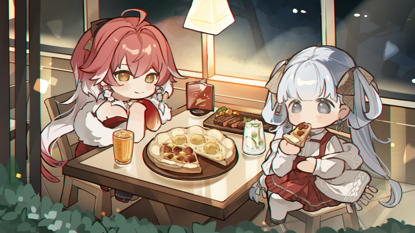 2girls ahoge bare_shoulders bow braid changli_(wuthering_waves) chibi chibi_only chromatic_aberration closed_mouth colored_extremities commentary cup dress drinking_glass earrings eating feather_boa feather_hair food hair_bow hair_extensions hamburger_steak highres holding holding_food holding_pizza indoors jewelry jinhsi_(wuthering_waves) long_hair looking_at_viewer low_twintails mole mole_on_cheek multicolored_hair multiple_girls own_hands_together pink_hair pizza pizza_hut red_dress red_hands ring_hair_extensions shirt sitting smile symbol-only_commentary twin_braids twintails two-tone_hair two_side_up white_eyes white_hair white_shirt wuthering_waves yellow_bow yellow_eyes zeriko