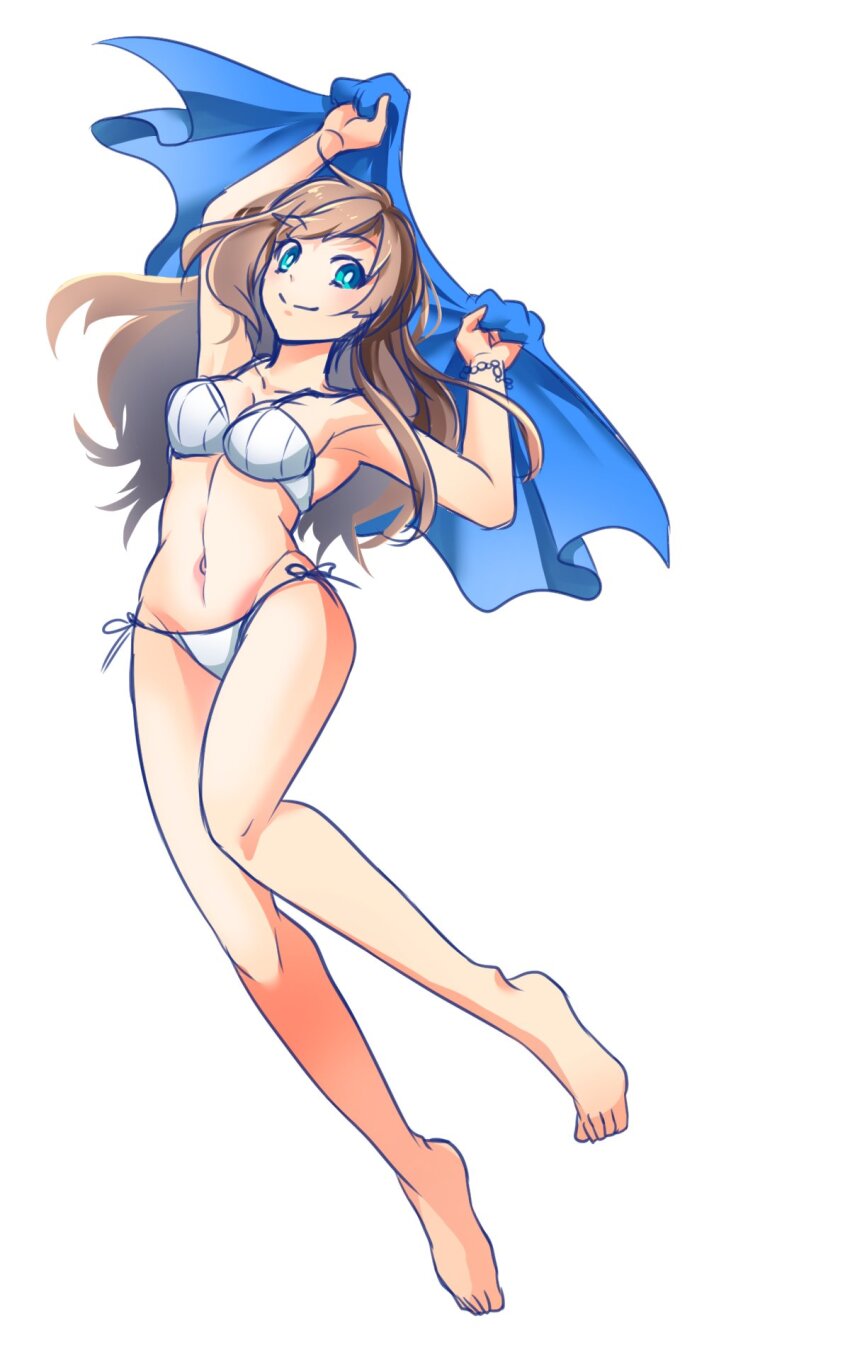 1girl arms_up barefoot bikini blue_eyes breasts brown_hair castlevania_(series) charlotte_aulin full_body highres kasakasanekokon long_hair looking_at_viewer navel simple_background smile swimsuit white_background white_bikini