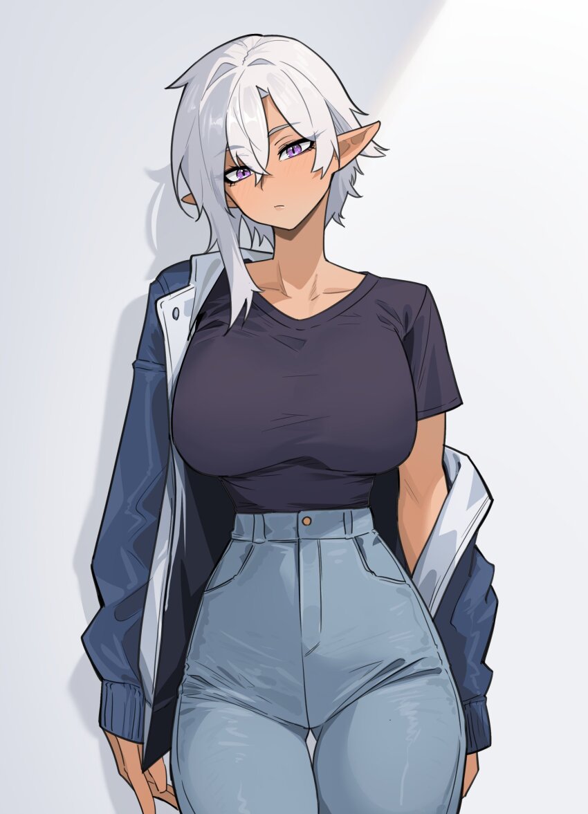 blue_jacket blue_skirt dark-skinned_female dark_skin denim elf jacket jeans kyana_(nokaa_aru) looking_at_viewer nokaa_aru original pants pointy_ears purple_eyes shadow shirt simple_background skirt tan tight_clothes tight_pants white_hair