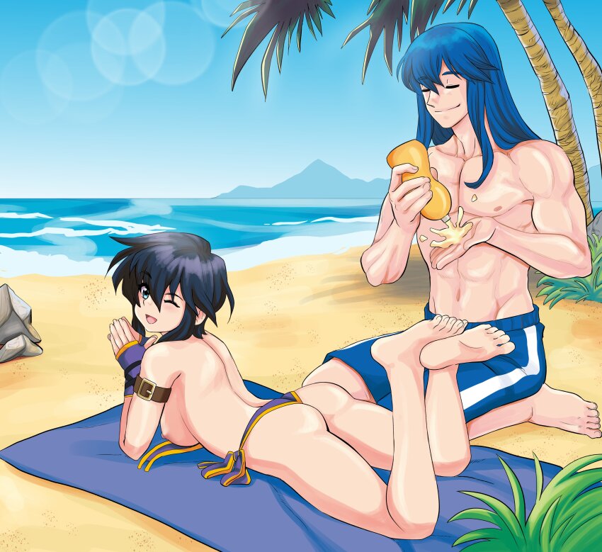 1boy 1girl abs absurdres alternate_costume alternate_hairstyle armlet ass back bare_legs barefoot beach beach_towel bikini black_hair blue_hair blue_sky blush breasts closed_eyes closed_mouth commission commissioner_upload couple day feet feet_up fingerless_gloves fire_emblem fire_emblem:_genealogy_of_the_holy_war gloves hetero highres jewelry larcei_(fire_emblem) long_hair looking_at_viewer looking_back lotion lotion_bottle lying male_swimwear muscular muscular_male navel nintendo nipples ocean on_stomach one_eye_closed open_mouth outdoors own_hands_together palm_tree pouring purple_bikini rock rs40uchiha sand seliph_(fire_emblem) short_hair side-tie_bikini_bottom sideboob sidelocks sky smile soles sunscreen swim_trunks swimsuit the_pose toes topless towel tree unworn_bikini_top